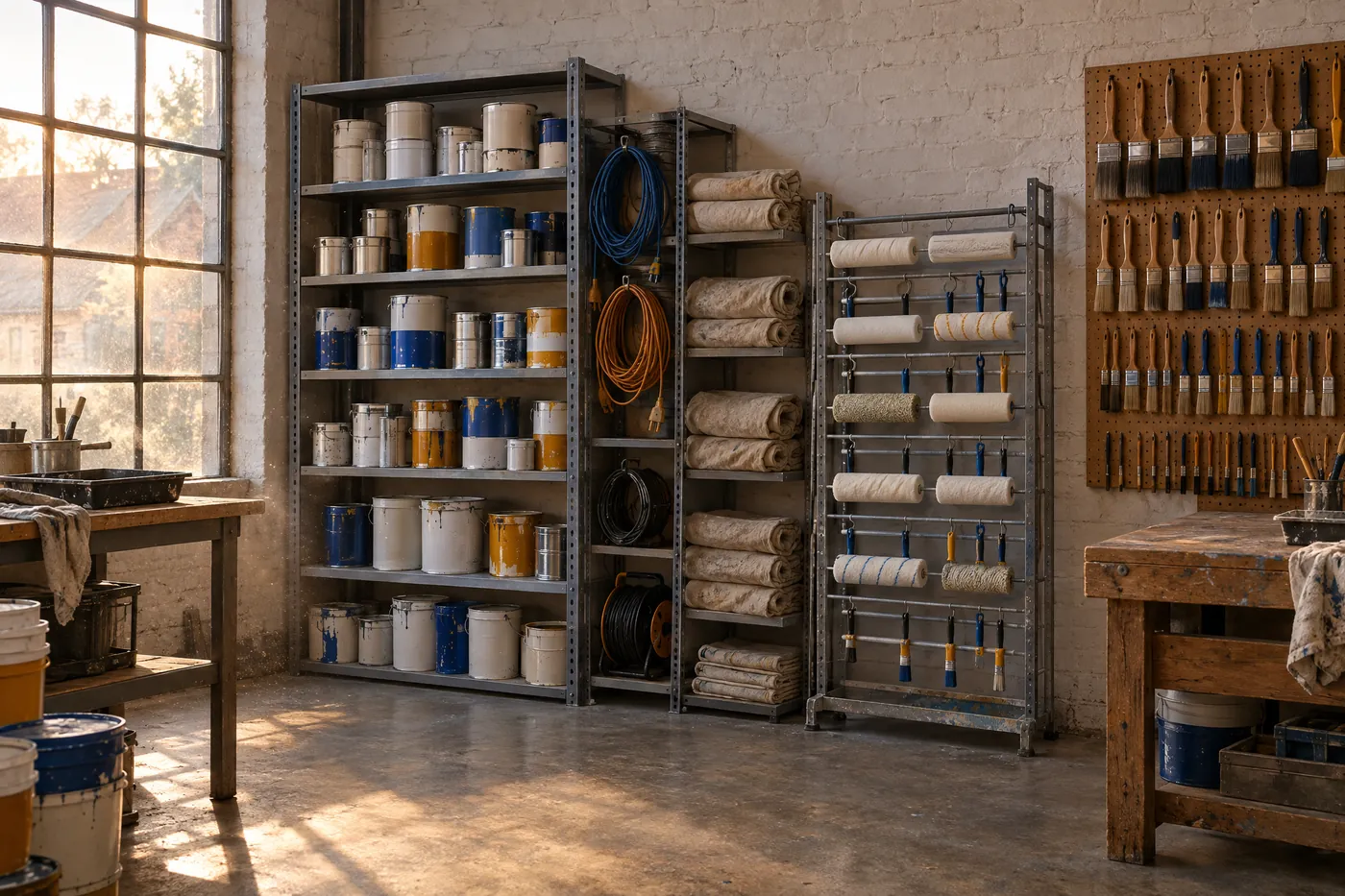 Atelier de peinture en fin de journée : pots rangés sur des étagères, rouleaux propres et pinceaux classés par taille