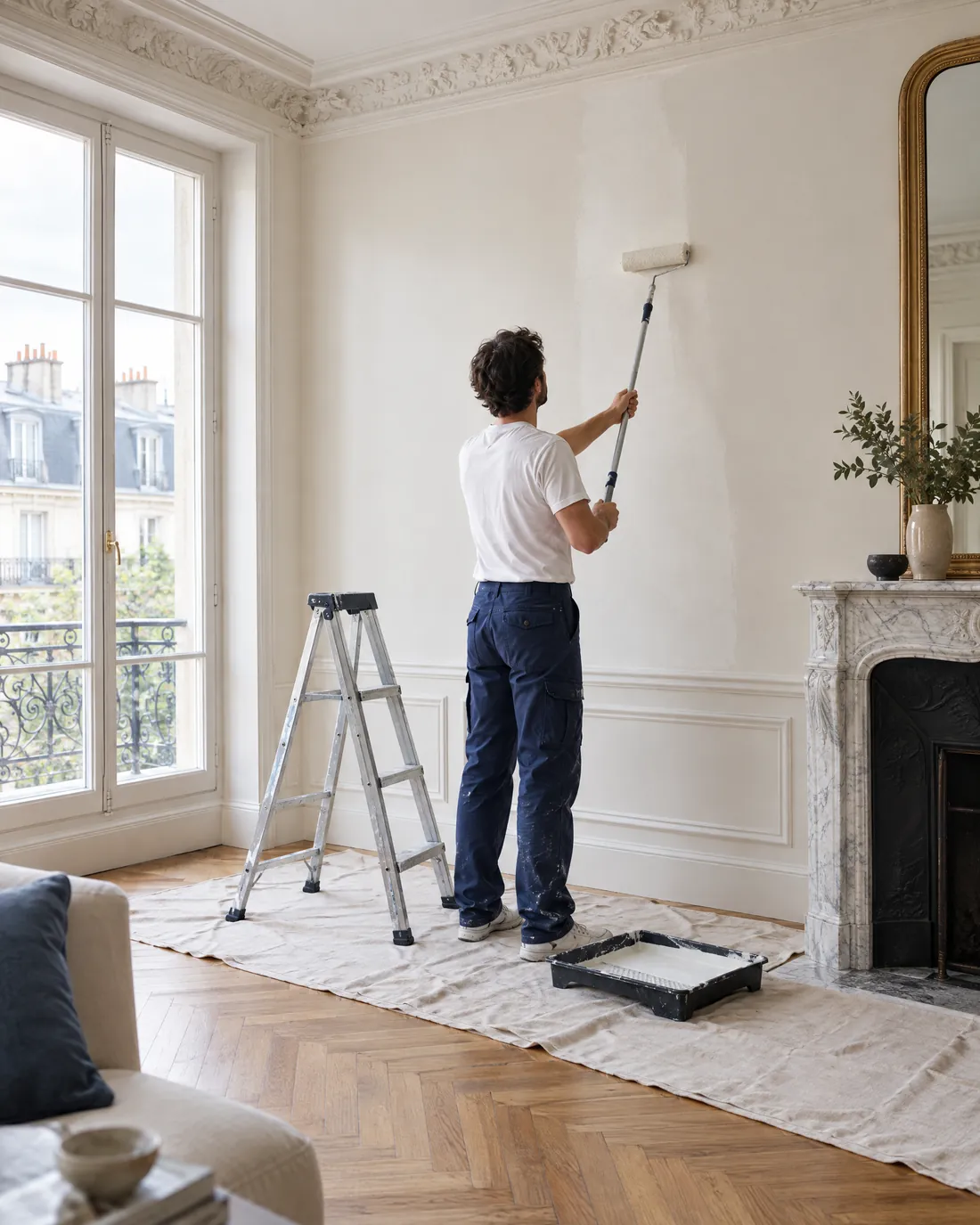 Application au rouleau d’une peinture blanc chaud sur le mur d’un séjour ancien, sol protégé par une bâche