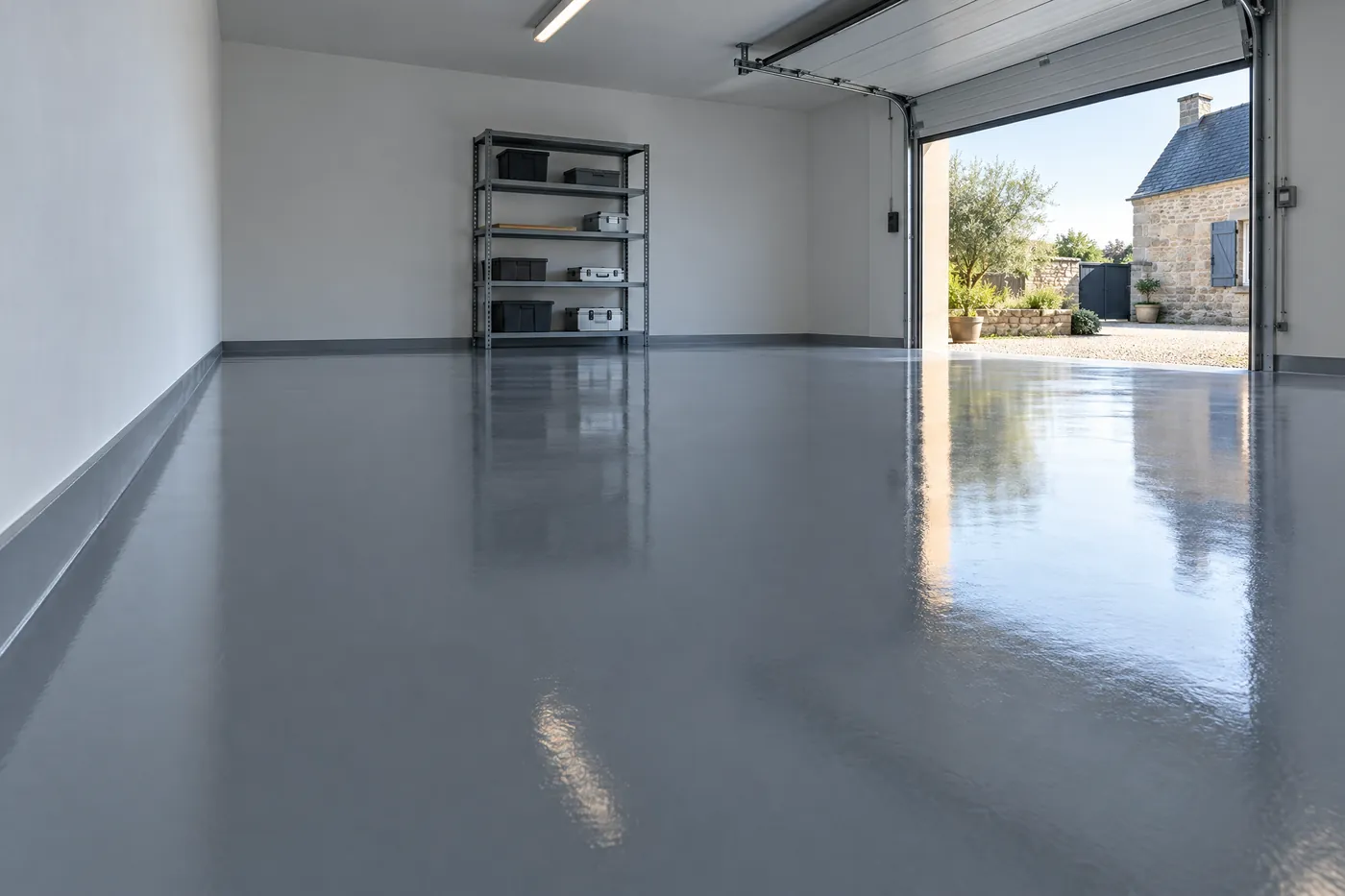 Sol de garage recouvert d’une résine grise satinée