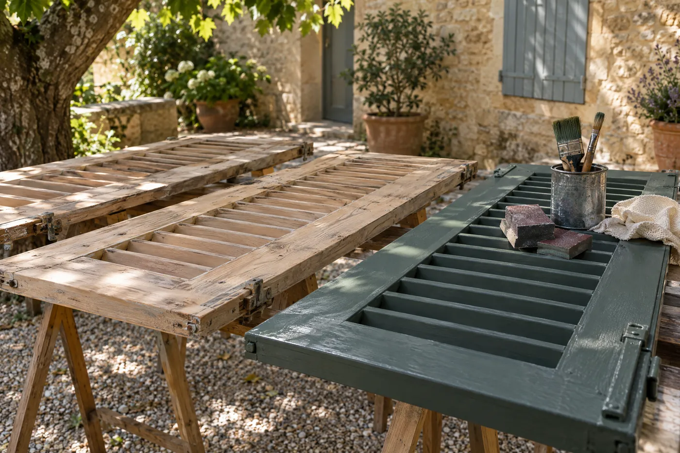 Volets en bois en cours de remise en peinture sur tréteaux dans une cour