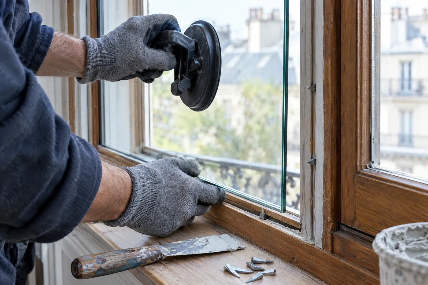 Mains gantées d’un vitrier posant une vitre neuve dans un châssis bois traditionnel